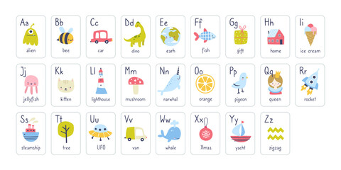 Set of alphabet cards for baby. Cute english learn cards collection for kids. Abc plate vector bundle. © Sonium_art
