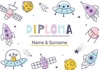 Diploma template with space doodles. Cosmic vector certificate design for children competition.