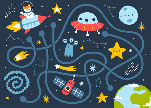 Mini space labyrinth game for children. Cosmic maze with animal astronaut for kids.