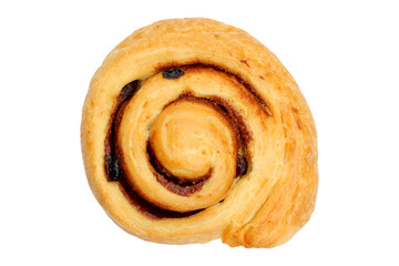 Sweet cinnamon roll with raisin and chocolate cream isolated on white background