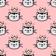 Pink cat seamless pattern. Meow and cat paws background vector illustration. Cute cartoon pastel character for nursery girl baby print.