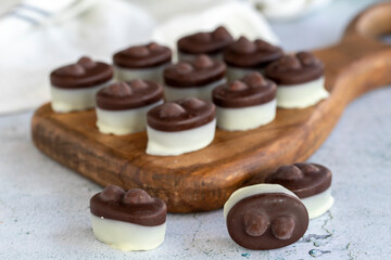 Hazelnut chocolate. Special hazelnut chocolate on a white background. close up