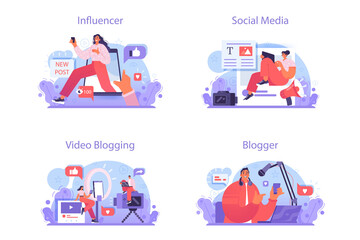 Blogger concept set. Character sharing media content in the internet