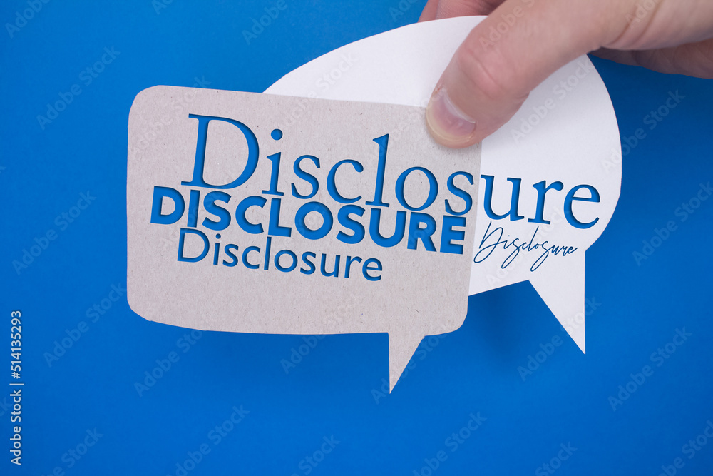 Poster speech bubble in front of colored background with disclosure text.