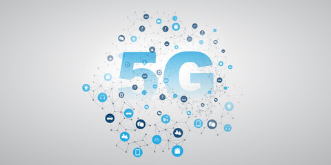 5G Label with Network Mesh, Icons Representing Various Digital Services - High Speed Broadband Mobile Telecommunication and Wireless Internet Design, New Cutting Edge Global Mobile Technology Concept