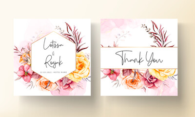 Frames of watercolor red  flowers and leaves on wedding invitation