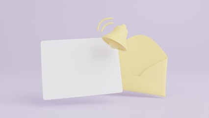 E-mail envelope icon with notification bell, Copy space, Blank document, 3d rendering illustration concept