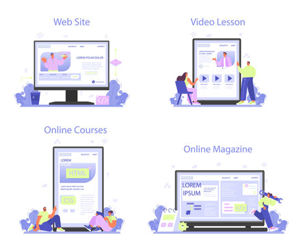 Website development online service or platform set. HTML coding process