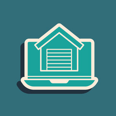 Green Online real estate house on laptop icon isolated on green background. Home loan concept, rent, buy, buying a property. Long shadow style. Vector