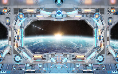 White spaceship interior with glowing blue and red lights. Futuristic spacecraft with large window view on planet Earth. 3D rendering © sdecoret