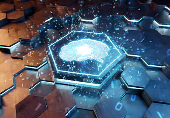 Brain icon concept engraved on metal hexagonal pedestral background. Artificial intelligence symbol glowing on abstract digital surface. 3d rendering