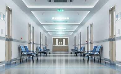 Long white hospital corridor with rooms and seats 3D rendering. Empty accident and emergency interior with bright lights lighting the hall from the ceiling