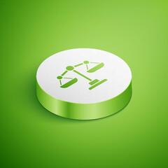 Isometric Scales of justice icon isolated on green background. Court of law symbol. Balance scale sign. White circle button. Vector.