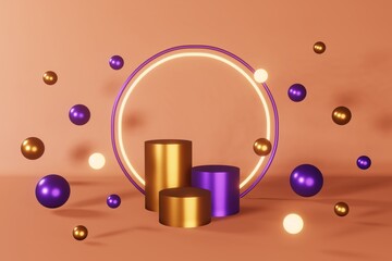 Purple cylinder podium golden stage 3d render. Glowing pedestal design composition. Abstact minimal scene levitating geometric bubble spheres Cosmetic product demonstration showcase presentation frame
