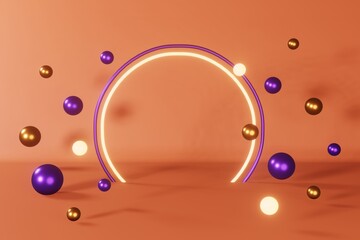 Purple golden levitating bubble spheres cosmetic product demonstration showcase 3d render. Abstact minimal scene design composition frame with glowing light. Empty stage place for modern presentation.