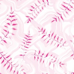 pink abstract background illustration seamless pattern with branch foliage on wave background. Contour drawing. vector design. pink background pattern. nature wallpaper. tropical background. Summer 
