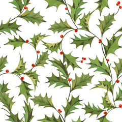 Beautiful vector seamless pattern with hand drawn winter symbol holly branch with green leaves and red berries. Merry christmas celebration clip art.