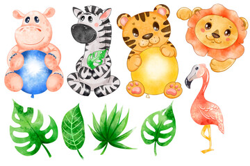Watercolor set of wild animals