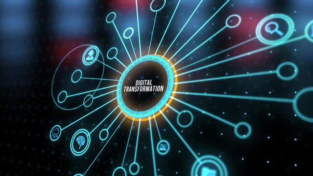 Internet, business, Technology and network concept.Concept of digitization of business processes and modern technology. Digital transformation. Virtual button.