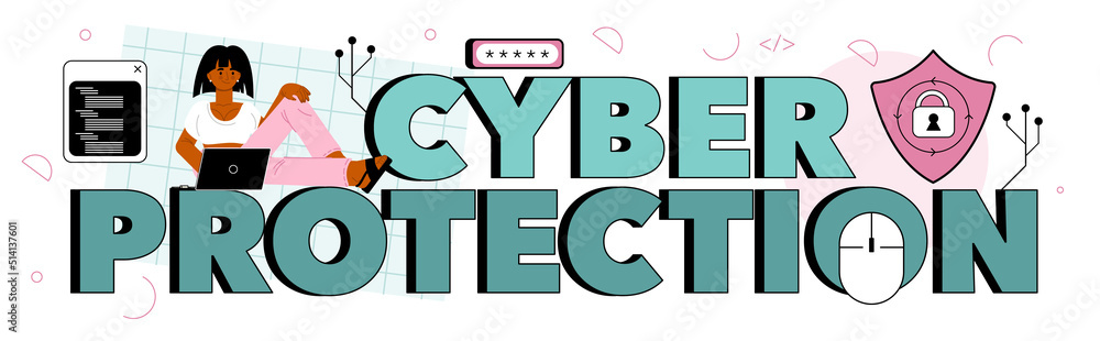 Poster cyber protection typographic header. digital data security and database
