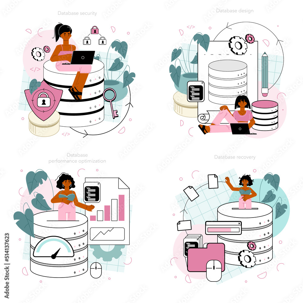 Poster data base administrator concept set. manager working at data center
