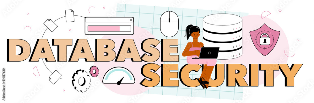 Aufkleber data base security typographic header. administrator working