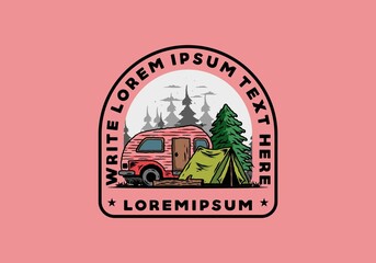 Teardrop camper and tent in front of pine tree illustration