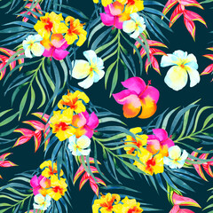 Colorful watercolor tropical seamless pattern with Hawaiian flowers on black background © AineGing