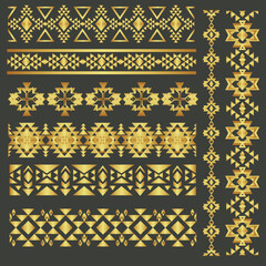 Vector gold Aztec seamless patterns. Ethnic tribal borders. Tribal elements isolated. Boho folk Navajo frames.