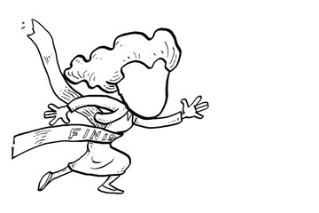 Business woman reach finish line winning race. Achievement concept. Cartoon vector illustration design