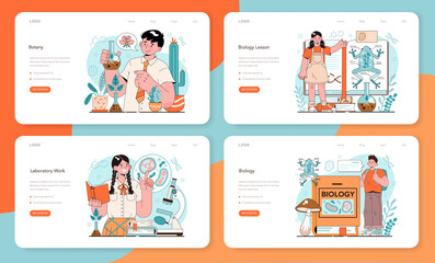 Biology school subject web banner or landing page set. Students exploring
