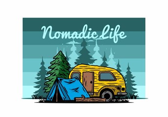 Obraz premium Teardrop camper and tent in front of pine tree illustration