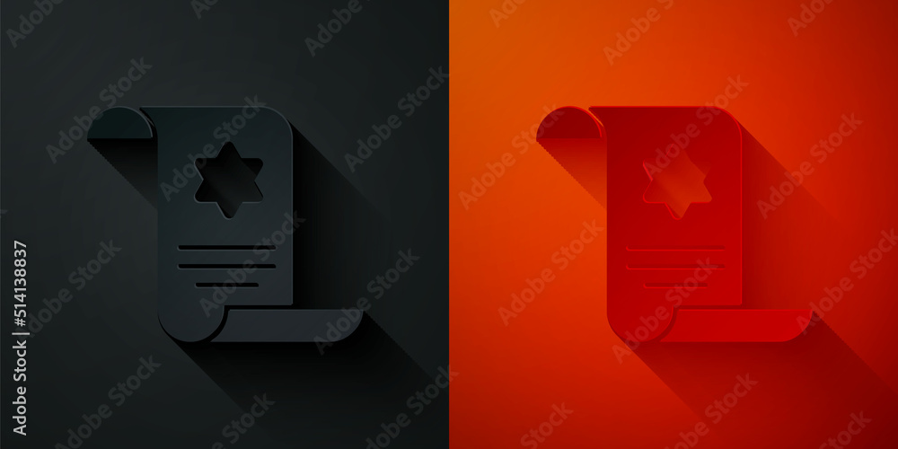 Poster paper cut torah scroll icon isolated on black and red background. jewish torah in expanded form. sta