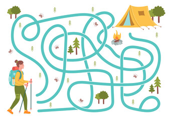 Labyrinth, help the girl traveler to find the right way to the tourist camp. Logical quest for children. Cute illustration for childrens books, educational game