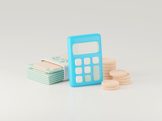 3d render of calculator and money, Financial concept.