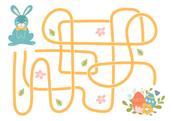 Labyrinth, help the rabbit find the right way to the Easter eggs. Logical quest for children. Cute illustration for childrens books, educational game