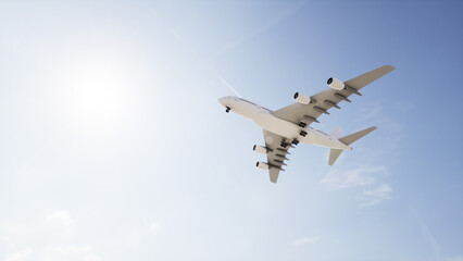 Conceptual flying white passenger jetliner or commercial plane after take off rising over a beautiful sky background. 3D illustration for jet transportation, travel industry or modern freedom concept