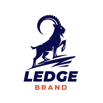 Mountain goat logo. Wild ram icon. Ibex silhouette ledge symbol. Bighorn sheep emblem. Outdoor hiking adventure brand identity design. Aries animal sign. Vector illustration.