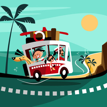 The family goes on vacation to the sea. Vector illustration.