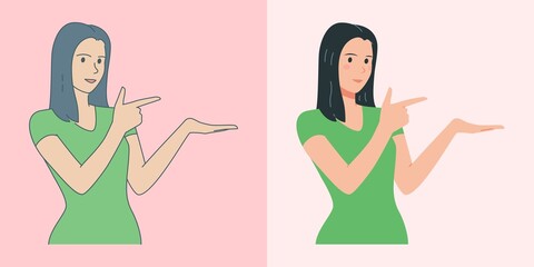 Young woman pointing finger and showing something at blank copy space, with outline style and flat style