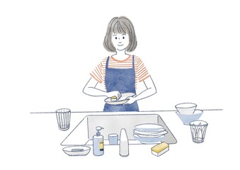 皿洗いをする女性のイラスト