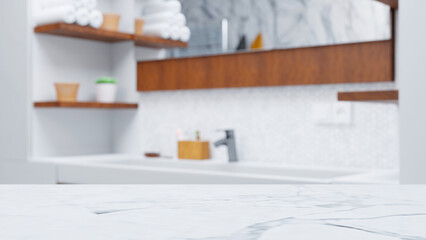 3D illustration of a bathroom with a blurry background and a marble counter top in front for product placement