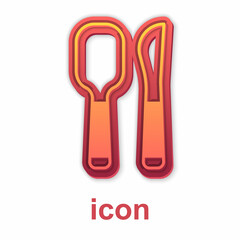 Gold Knife and spoon icon isolated on white background. Cooking utensil. Cutlery sign. Vector
