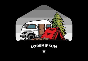 Teardrop camper and tent in front of pine tree illustration