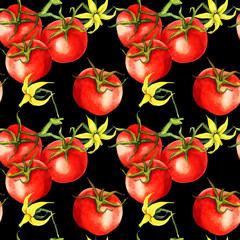 watercolour tomatos, seamless pattern, flowers, brunches, hand drawn illustration
