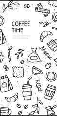 Hand drawn doodle set of coffee theme items. Vertical banner template. Sketch style illustration.