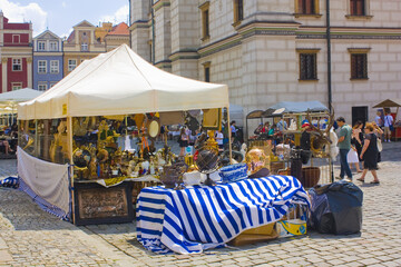 Antiques for sale at a flea market on the Main Square in Poznan