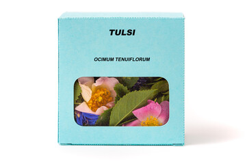 Tulsi Medicinal herbs in a cardboard box. Herbal tea in a gift box