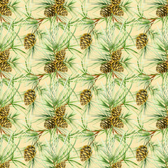 Seamless pattern of pine tree branches with cones and needles. Watercolor illustration isolated on a beige background