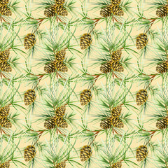 Fototapeta premium Seamless pattern of pine tree branches with cones and needles. Watercolor illustration isolated on a beige background
